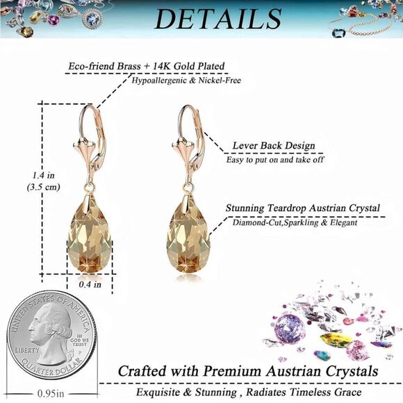 14K Yellow Gold and Champagne Topaz Austrian Crystal Teardrop Leverback Earrings - Picture 6 of 6
